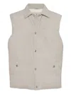 Brunello Cucinelli Leather Vest With Sleeveless Design And Slip Pockets In White
