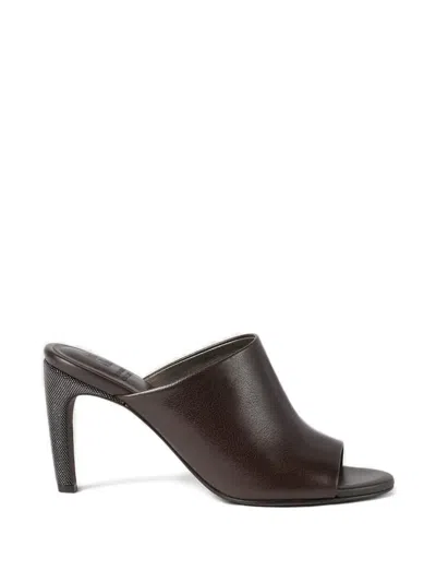 Brunello Cucinelli Classic Leather Heels With Precious Details In Brown