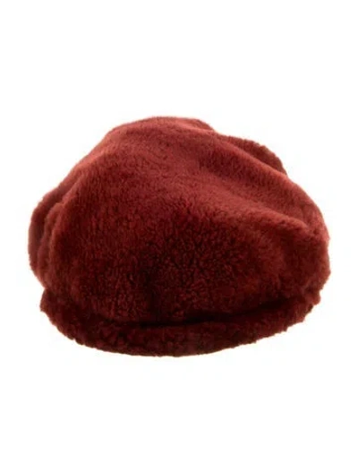 Pre-owned Brunello Cucinelli Leather Faux Fur Trimmed Beret In Burgundy
