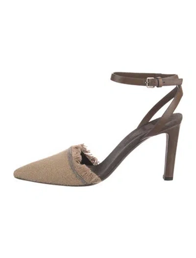 Pre-owned Brunello Cucinelli Leather Fringe Trim Accent Slingback Pumps In Brown