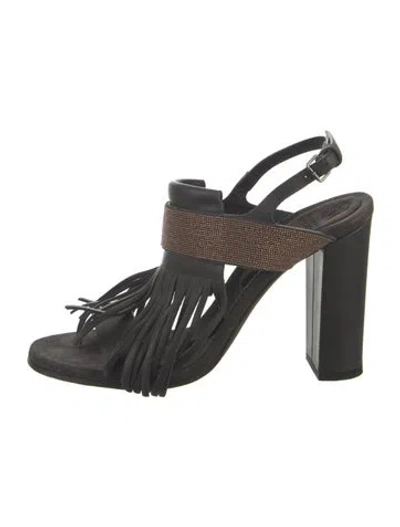 Pre-owned Brunello Cucinelli Leather Fringe Trim Accent Slingback Sandals In Gray