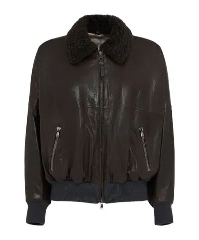 Brunello Cucinelli Leather  Fur Bomber Jacket In Black