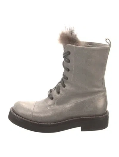 Pre-owned Brunello Cucinelli Leather Fur Trim Combat Boots In Silver