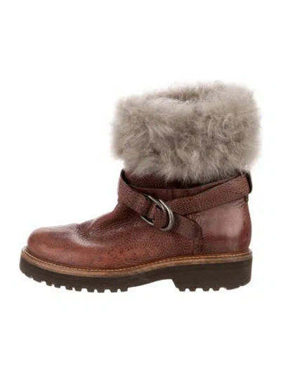 Pre-owned Brunello Cucinelli Leather Fur Trim Lace-up Boots In Brown