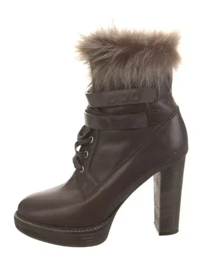 Pre-owned Brunello Cucinelli Leather Fur Trim Lace-up Boots In Brown