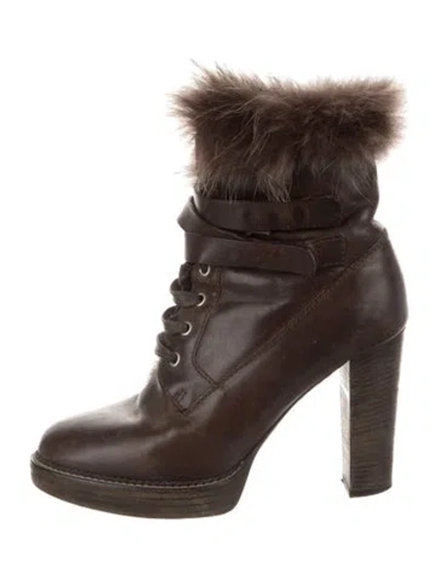 Pre-owned Brunello Cucinelli Leather Fur Trim Lace-up Boots In Brown