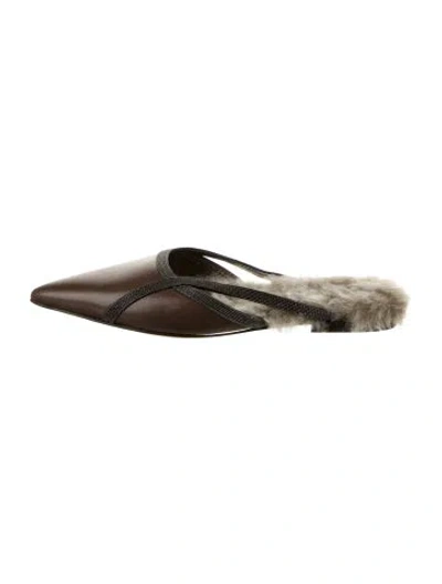 Pre-owned Brunello Cucinelli Leather Fur Trim Mules In Brown