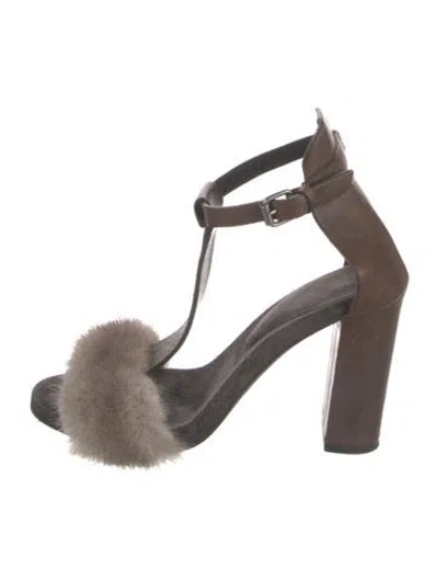 Pre-owned Brunello Cucinelli Leather Fur Trim T-strap Sandals In Brown