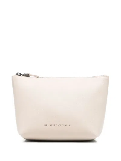 Brunello Cucinelli Leather Grained Pouch In Neutrals