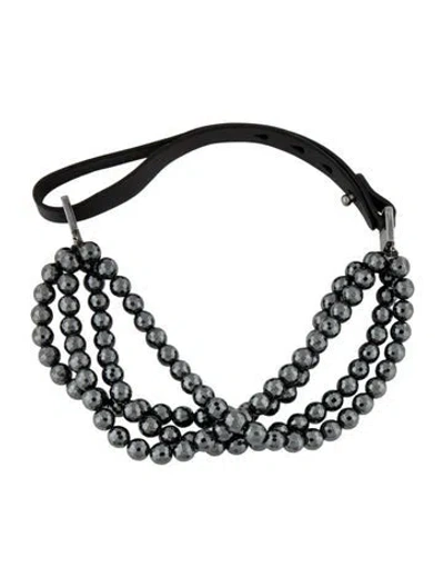 Pre-owned Brunello Cucinelli Leather Hematine Choker Necklace, 21" In Black
