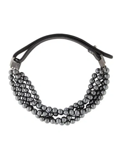 Pre-owned Brunello Cucinelli Leather Hematine Choker Necklace, 21.25" In Gray