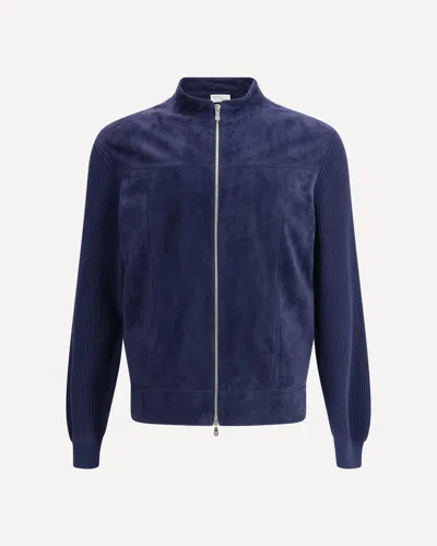 Brunello Cucinelli Leather Jacket In Blue