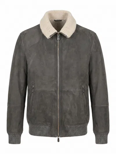 Brunello Cucinelli Leather Jacket In Gray