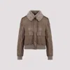 Brunello Cucinelli Leather Jacket With Shearling Collar And Ribbed Finish In Mud