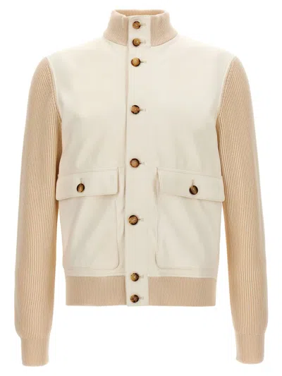 Brunello Cucinelli Leather Jacket With Knit Inserts In White