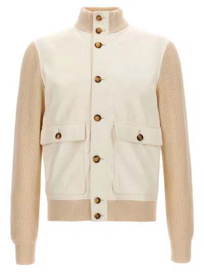 Brunello Cucinelli Leather Jacket With Knit Inserts In Yellow Cream