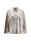 Brunello Cucinelli Leather Shirt Collared Metallic Finish In Silver