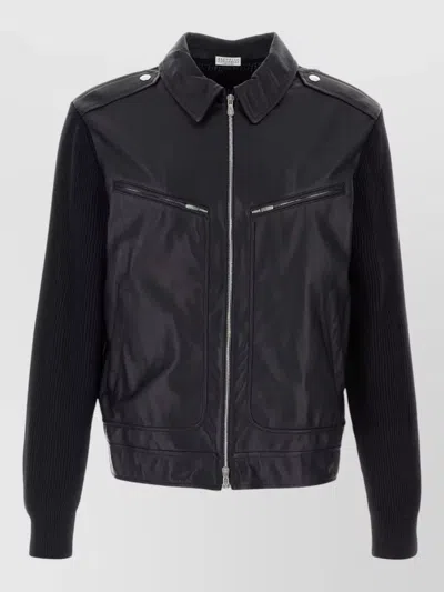 Brunello Cucinelli Leather Knit Jacket Collared Neck Epaulettes Pockets In Black