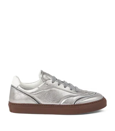 Brunello Cucinelli Leather Lamé Monili-trim Sneakers In Gray