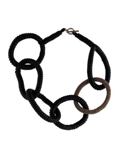 Pre-owned Brunello Cucinelli Leather Large Link Collar Necklace, 18" In Black