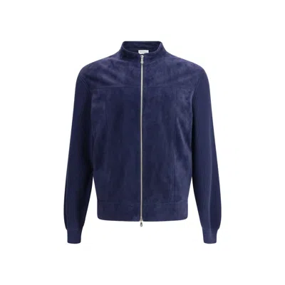 Brunello Cucinelli Leather Men's Jacket In Blue