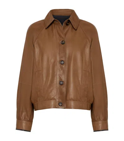 Brunello Cucinelli Leather Monili-detail Jacket In Brown