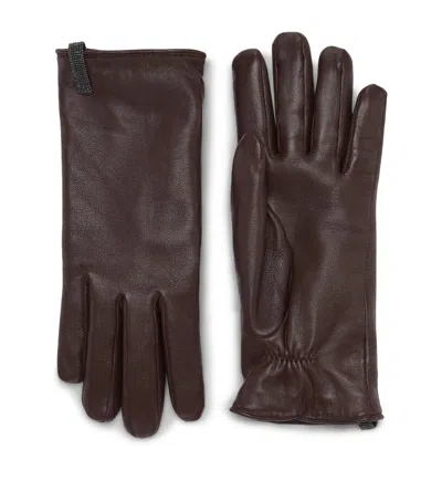 Brunello Cucinelli Leather Monili Gloves In Brown