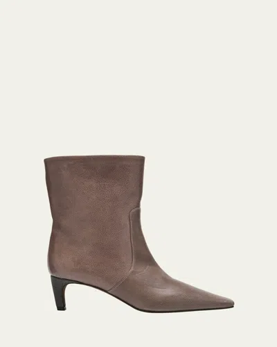 Brunello Cucinelli Leather Monili Kitten-heel Ankle Booties In Brown