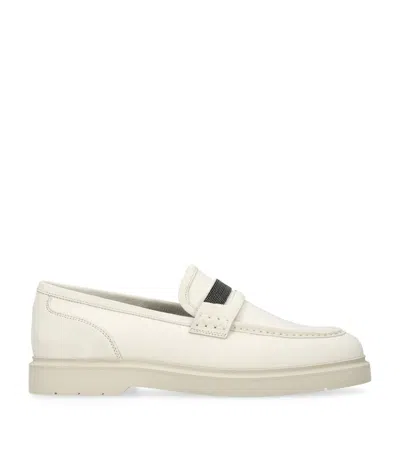 Brunello Cucinelli Leather Monili Penny Loafers In Beige