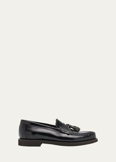 Brunello Cucinelli Leather Monili Tassel Penny Loafers In C101 Black