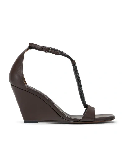 Brunello Cucinelli Leather Monili-trim Wedge Sandals In Brown