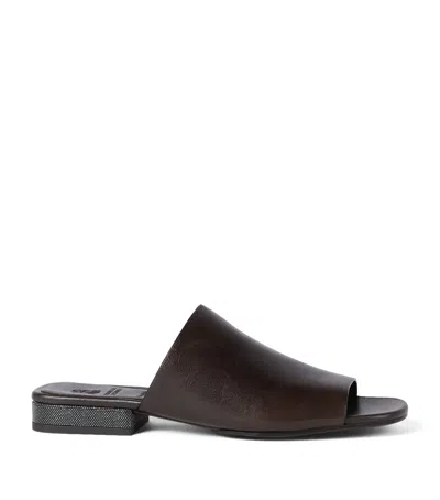 Brunello Cucinelli Riding Calfskin Mules With Jewellery In Brown