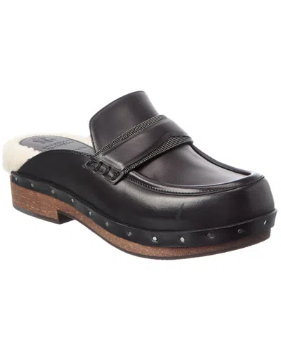 Brunello Cucinelli Shearling-lined Bead-embellished Leather Clogs In Black