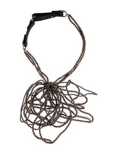 Pre-owned Brunello Cucinelli Leather Multi-strand Bead Choker Necklace, 16.75" In Black