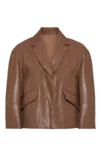 Brunello Cucinelli Embellished Polished Leather Outerwear Blazer In Brown