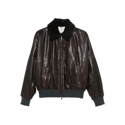 Brunello Cucinelli Shearling-collar Leather Bomber Jacket In Brown
