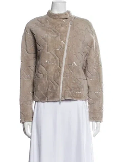 Pre-owned Brunello Cucinelli Leather Patterned Biker Jacket In Grey/purple
