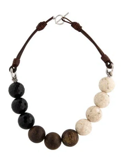 Pre-owned Brunello Cucinelli Leather, Resin, Wood & White Stone Bead Collar Necklace”, 17" In Black/brown/white
