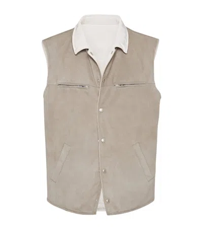 Brunello Cucinelli Leather Reversible Padded Gilet In Green