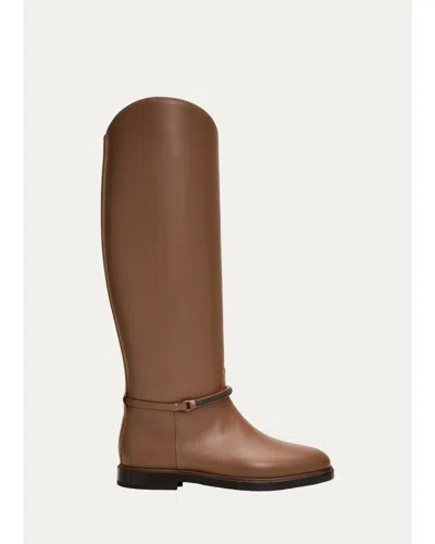 Brunello Cucinelli Leather Riding Boots W/ Monili In Brown