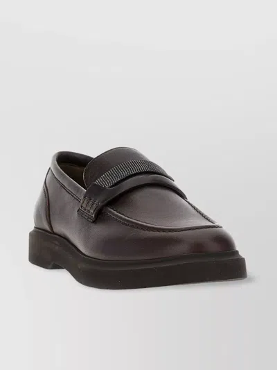 Brunello Cucinelli Leather Round Toe Loafers With Stitch Detailing In Black