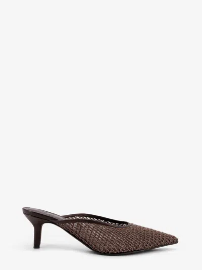 Brunello Cucinelli Leather-trimmed Bead-embellished Mesh Mules In Brown