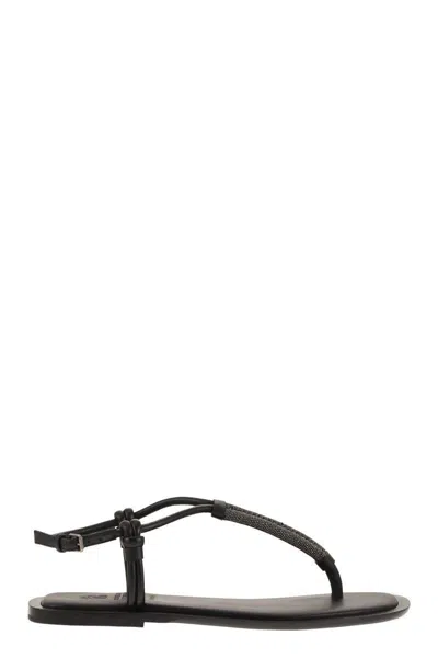 Brunello Cucinelli Leather Sandals With Precious Braided Straps In Black
