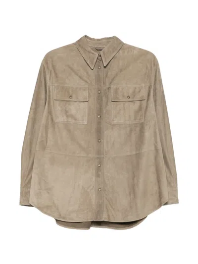 Brunello Cucinelli Women Leather Shirt With Pocket In Black