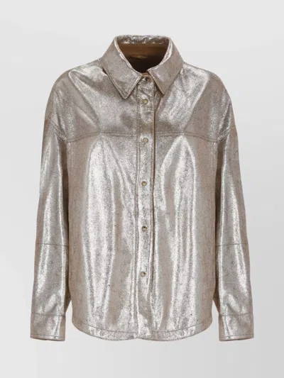 BRUNELLO CUCINELLI LEATHER SHIRT COLLARED METALLIC FINISH