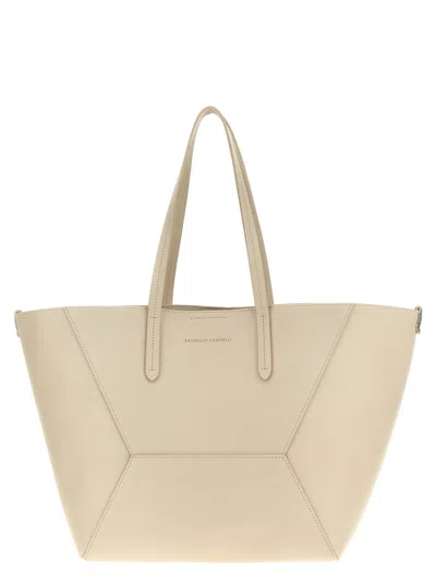 Brunello Cucinelli Leather Shopping Bag In Yellow Cream