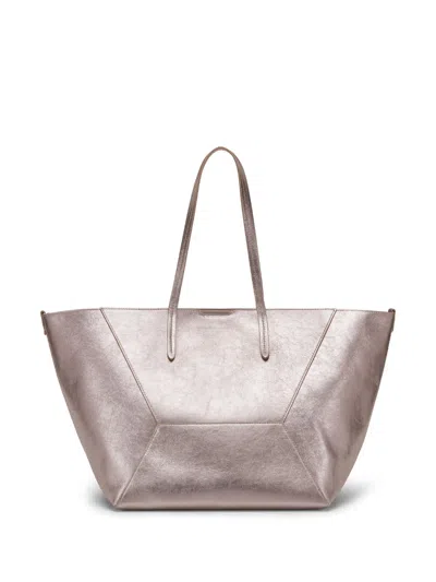 Brunello Cucinelli Leather Shopping Tote Handbag With Precious Details In Gray