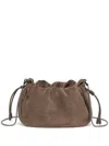 Brunello Cucinelli Soft Suede Drawstring Bag With Chain-link Strap In Neutral