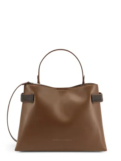 Brunello Cucinelli Leather Shoulder Bag With Monili Detail In Brown