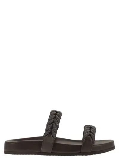 Brunello Cucinelli Leather Slide Sandals With Braided Straps In Brown